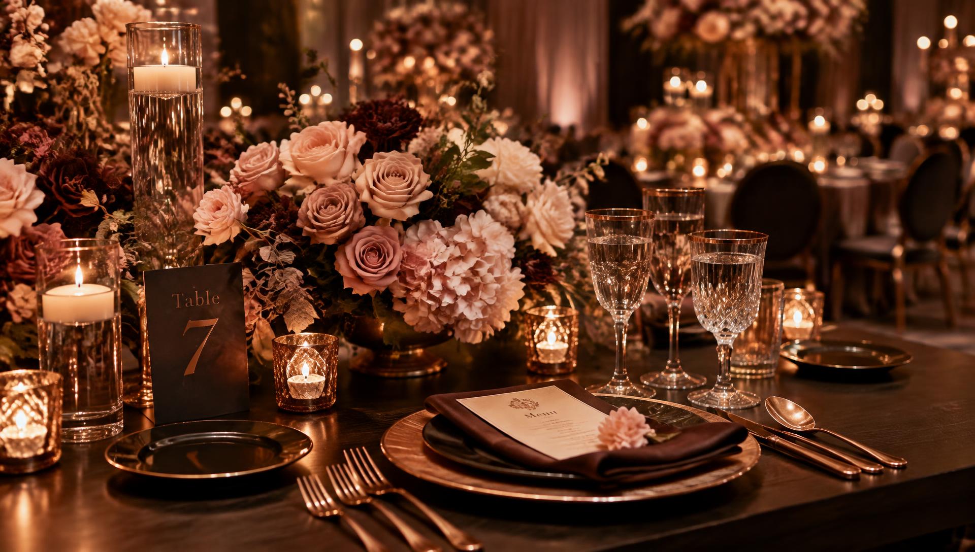 Candlelit wedding table with blush roses and rose gold details