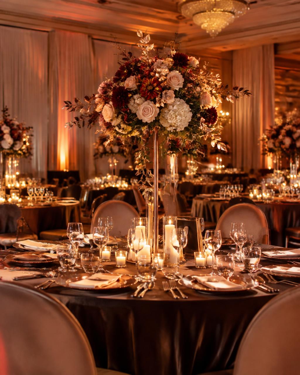 Elegant gala dinner with tall floral centerpieces and candlelight