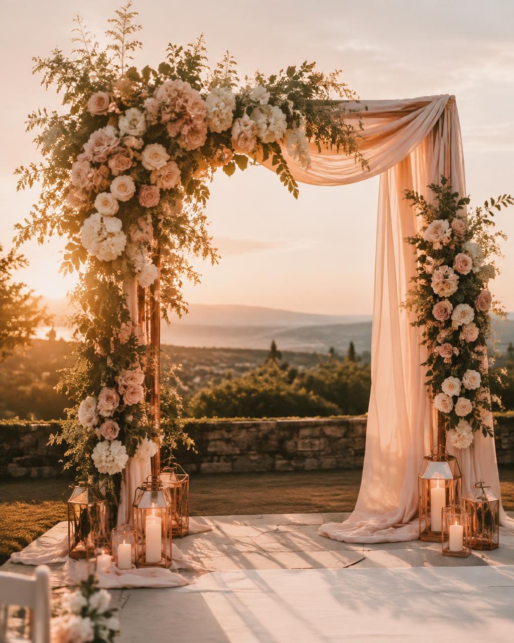 Floral wedding ceremony arch with blush roses and draped fabric at golden hour