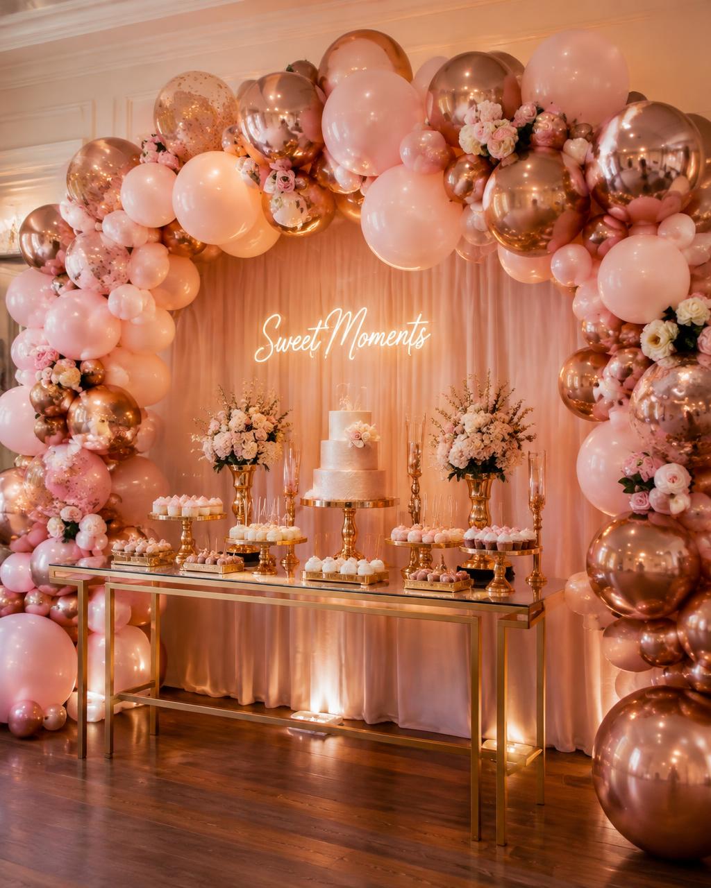 Rose gold and blush balloon arch over an elegant dessert table