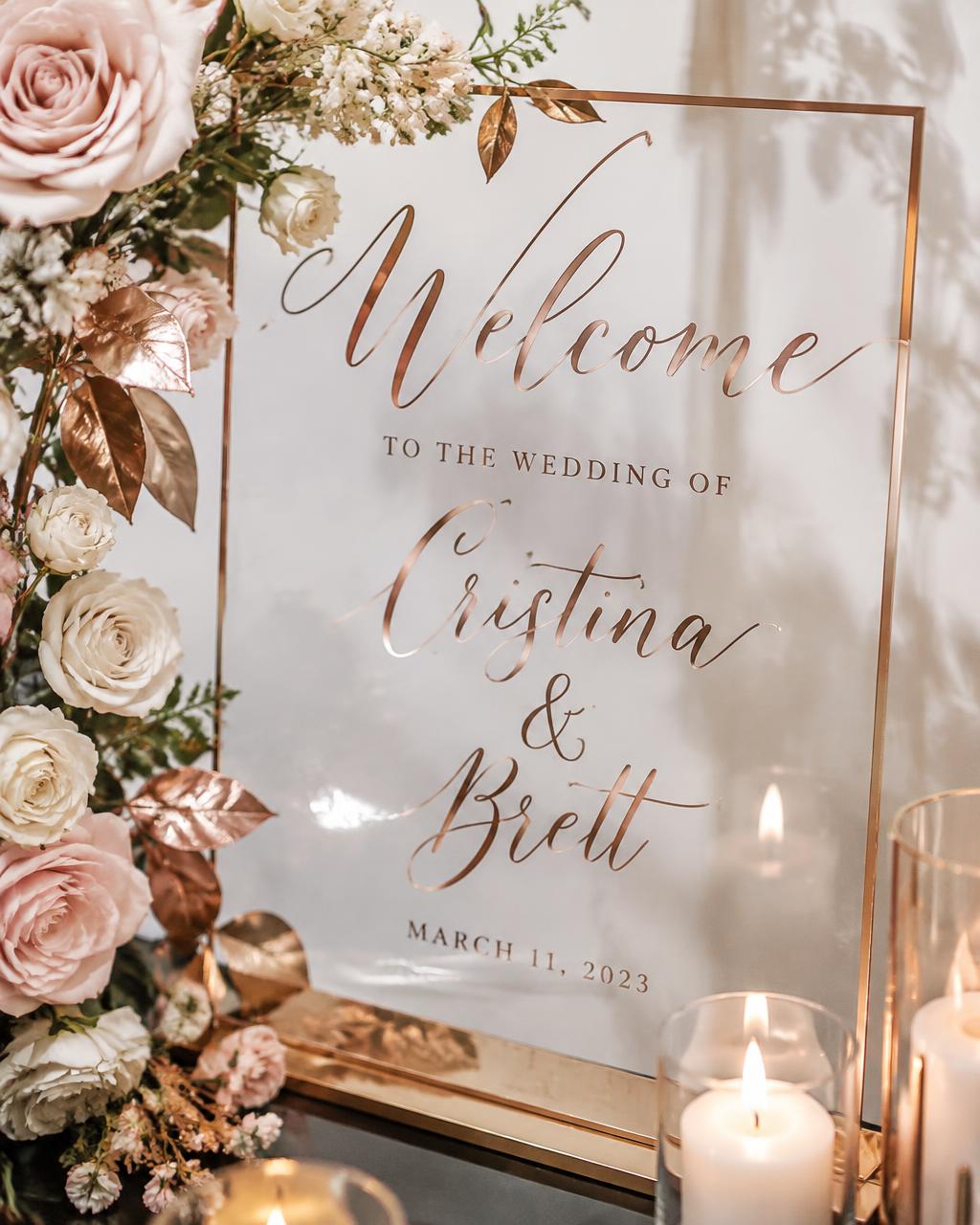 Acrylic wedding welcome sign with calligraphy and rose gold florals