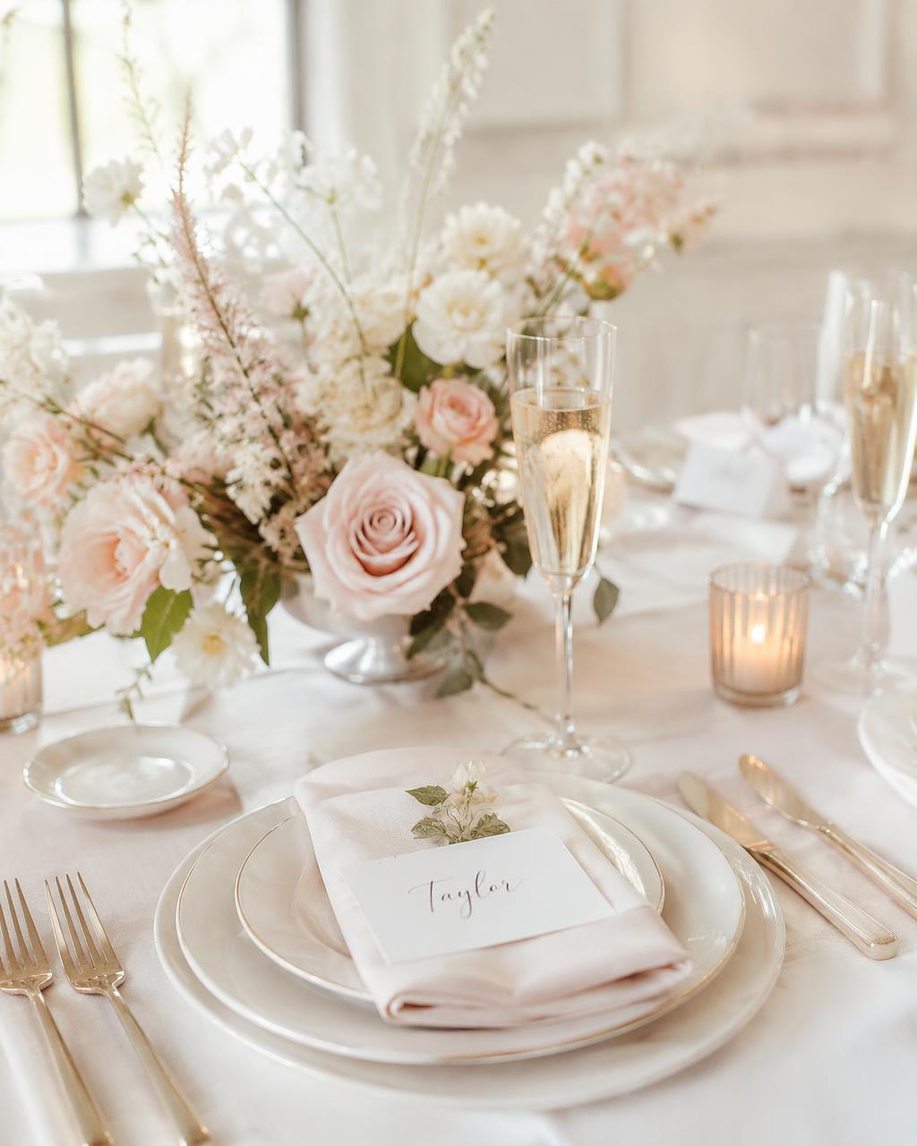 Ivory and blush bridal shower place setting with personalized place card